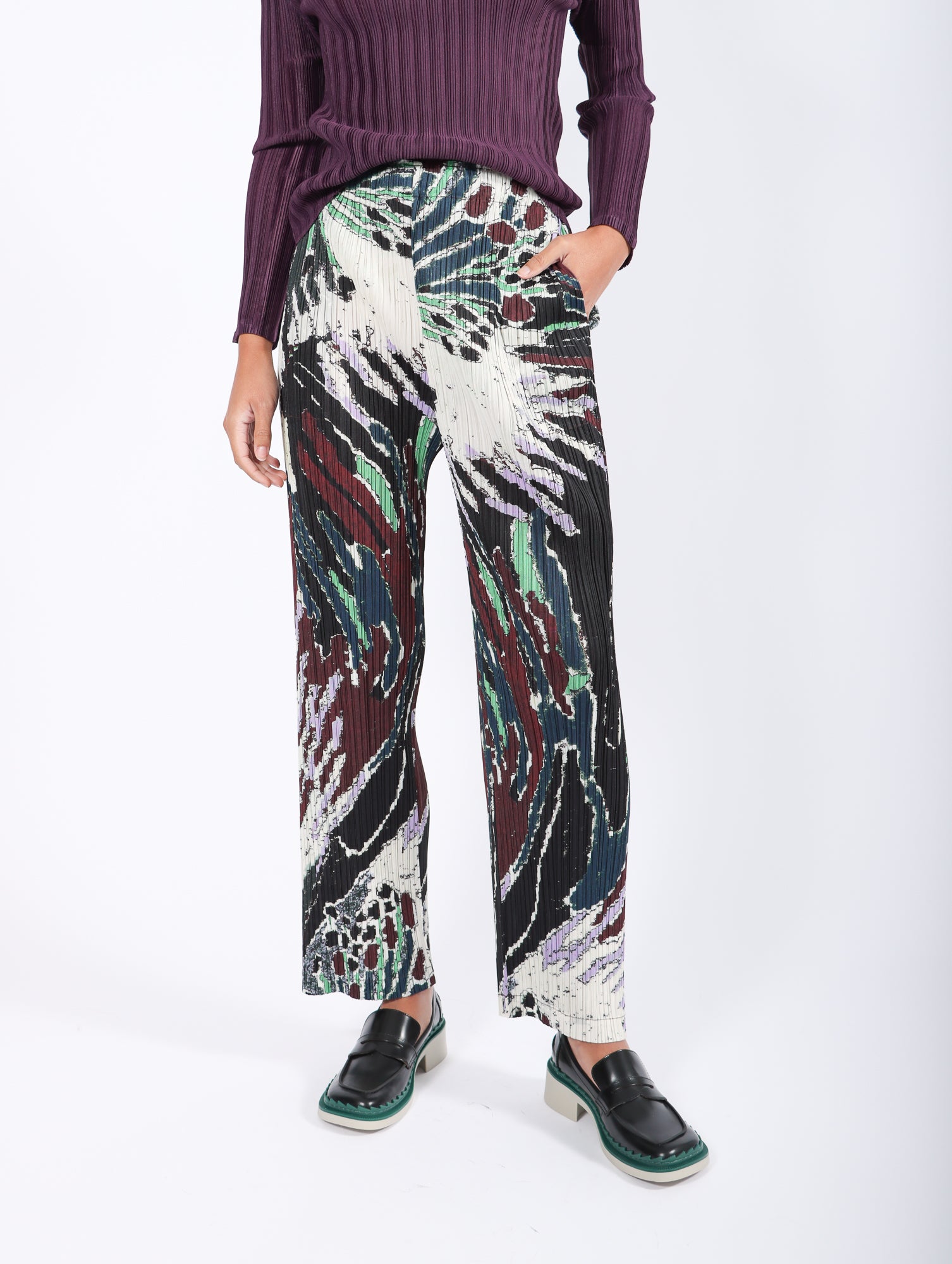 Frosty Forest Pants in Black Print by Pleats Please Issey Miyake