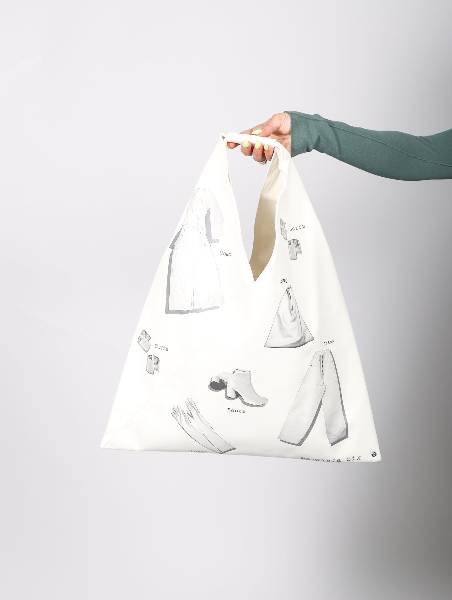 Japanese Triangle Bag in White with Black Print by MM6 Maison Margiela