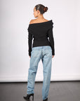 Off Shoulder Sweater with Spoon Brooch in Black by A.W.A.K.E. Mode