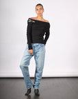 Off Shoulder Sweater with Spoon Brooch in Black by A.W.A.K.E. Mode