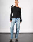 Off Shoulder Sweater with Spoon Brooch in Black by A.W.A.K.E. Mode
