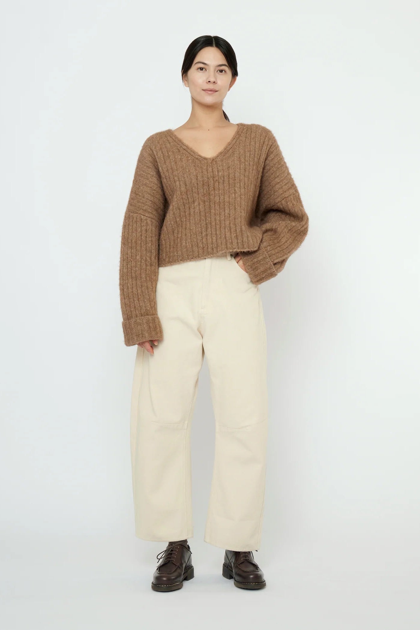 Chunky V-Neck Sweater in Caramel Brown by 7115 by Szeki-Tops-7115 by Szeki-Idlewild