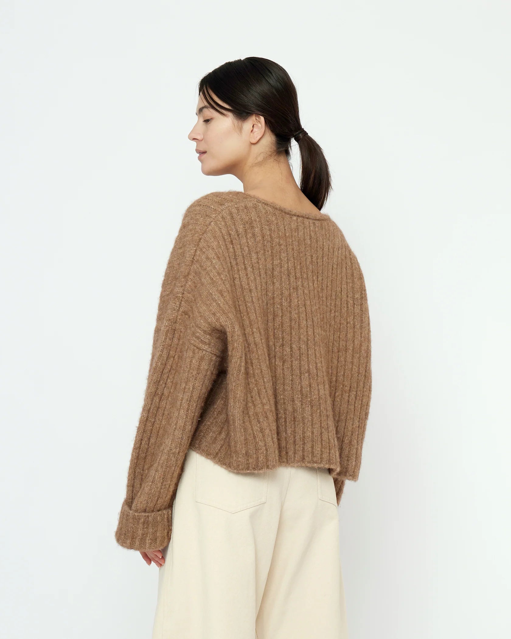 Chunky V-Neck Sweater in Caramel Brown by 7115 by Szeki-Tops-7115 by Szeki-Idlewild