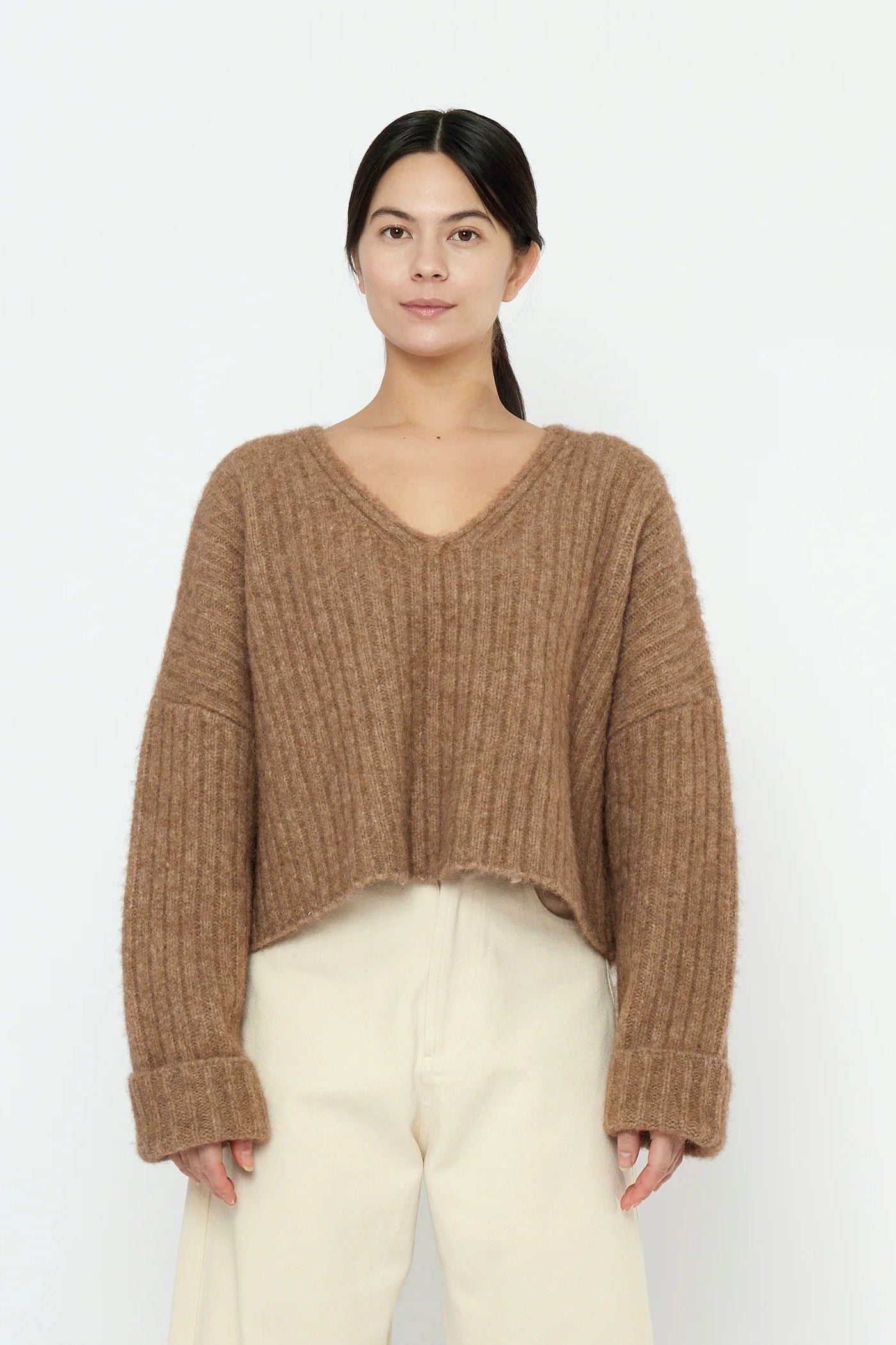 Chunky V-Neck Sweater in Caramel Brown by 7115 by Szeki-Tops-7115 by Szeki-Idlewild