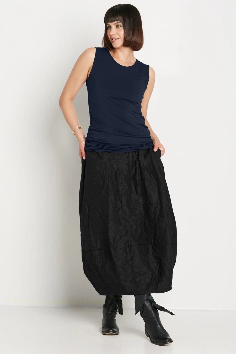 Crushed Nylon Puff Skirt in Black by Planet