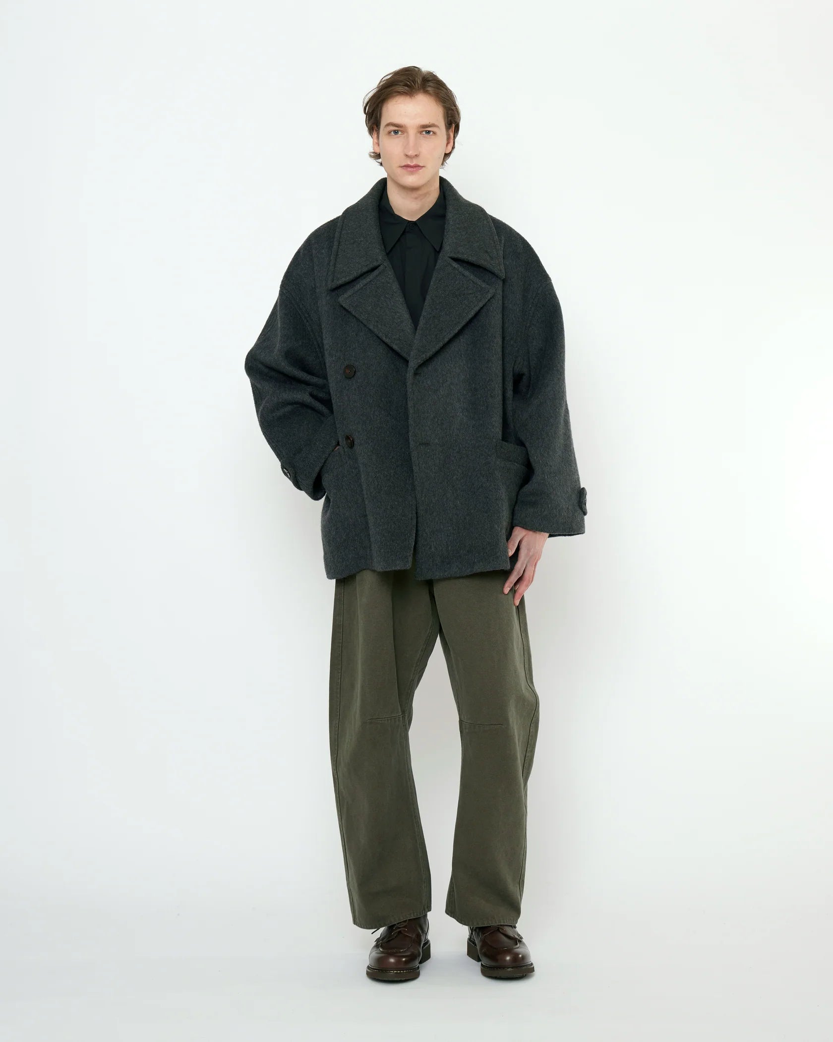 Double Breasted Short Wool Coat in Charcoal by 7115 by Szeki-Outerwear-7115 by Szeki-Idlewild