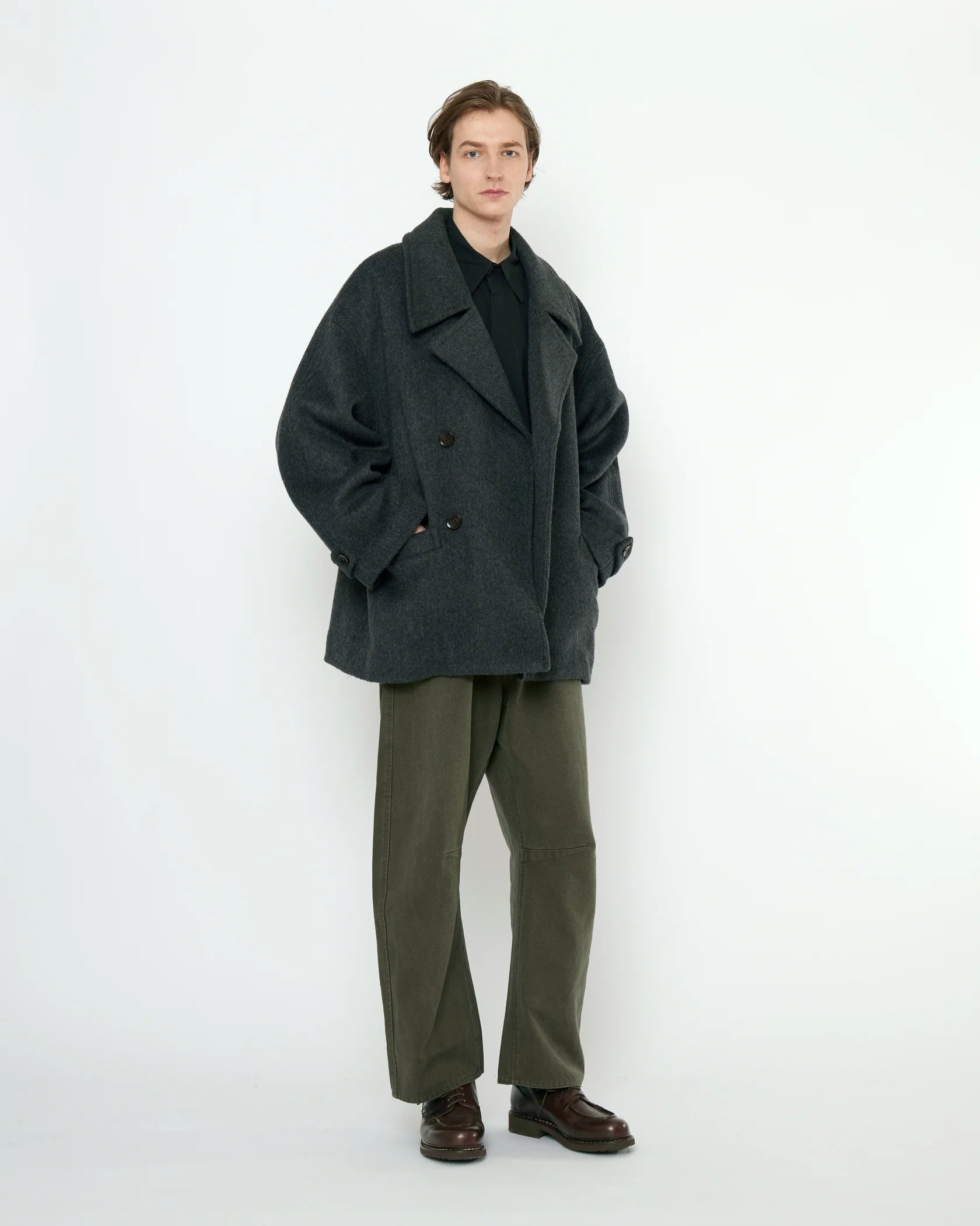 Double Breasted Short Wool Coat in Charcoal by 7115 by Szeki-Outerwear-7115 by Szeki-Idlewild