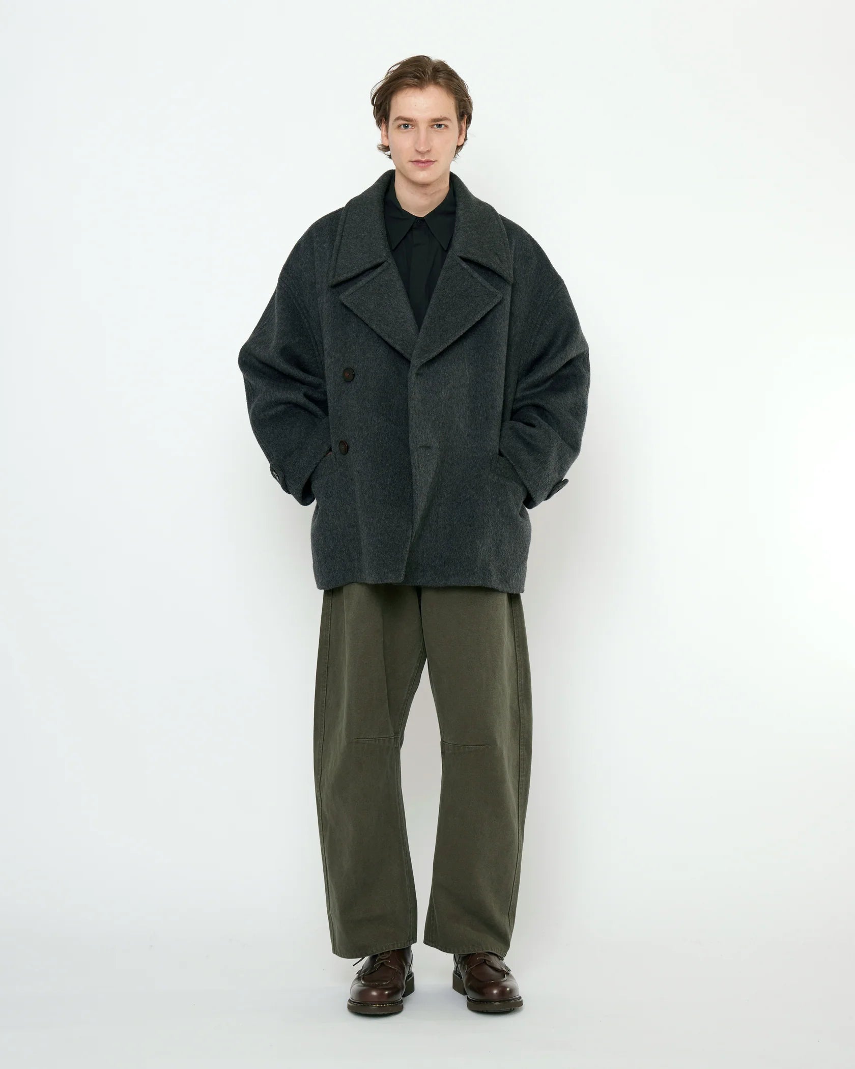 Double Breasted Short Wool Coat in Charcoal by 7115 by Szeki-Outerwear-7115 by Szeki-Idlewild