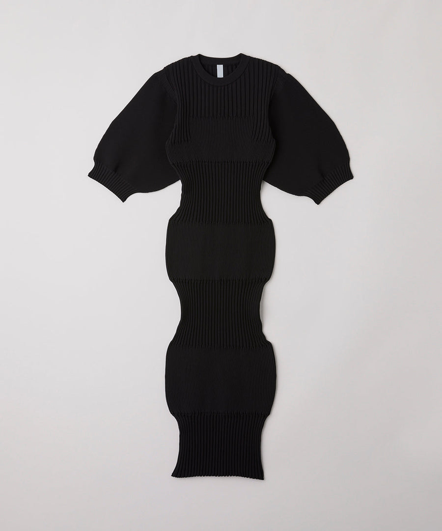 Fluted Short Puff Sleeve Dress in Black by CFCL-Idlewild