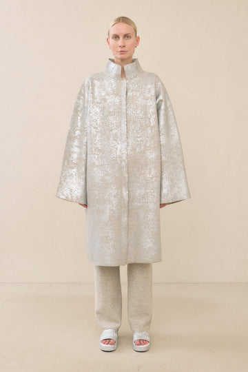 Foil Car Coat in Silver by Lauren Manoogian