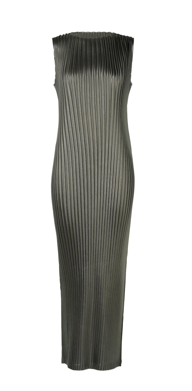 Glossed Metal Pleats Dress in Khaki by Issey Miyake-Dresses-Issey Miyake-Idlewild