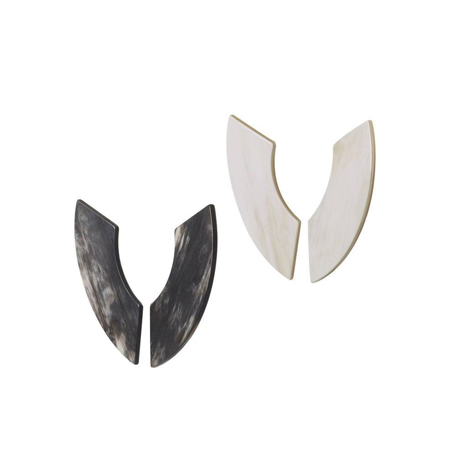 Wide curved rectangles of natural horn are set on bronze earring posts, designed by Cath S.