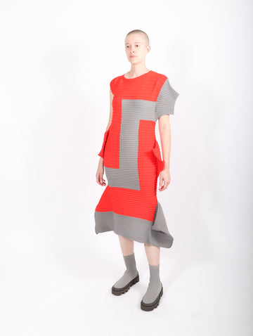Rectilinear Dress in Gray & Red by Issey Miyake-Idlewild
