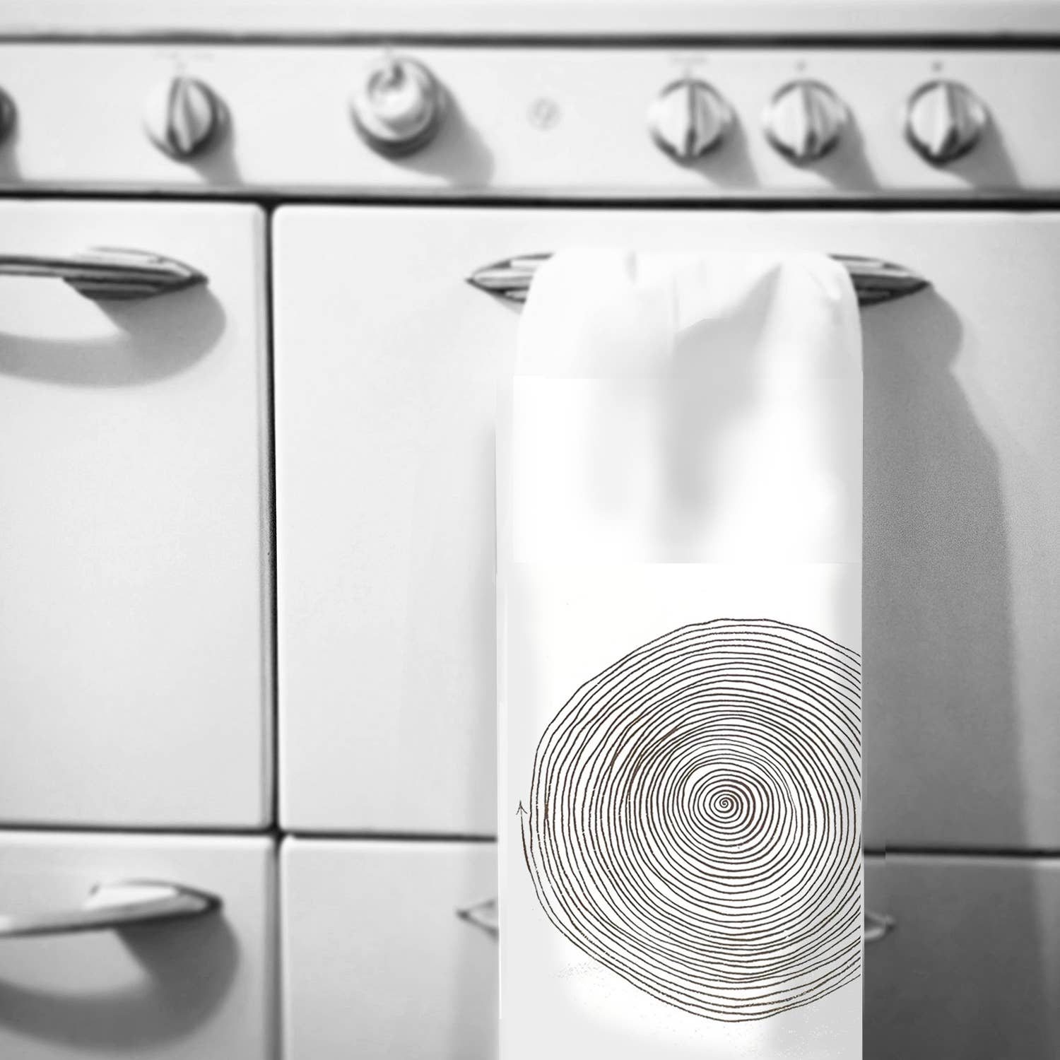 Large Spiral Print Tea Towel in Black and Unbleached Flower Sack-GIFTHORSE HANDMADE-Idlewild