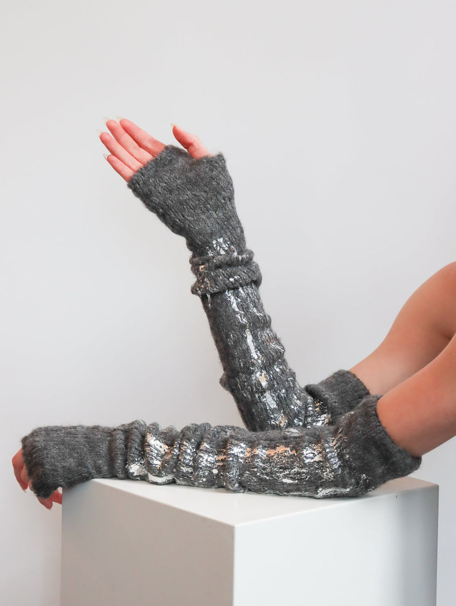 Long Line Mittens in Charcoal & Foil by Amano by Lorena Laing