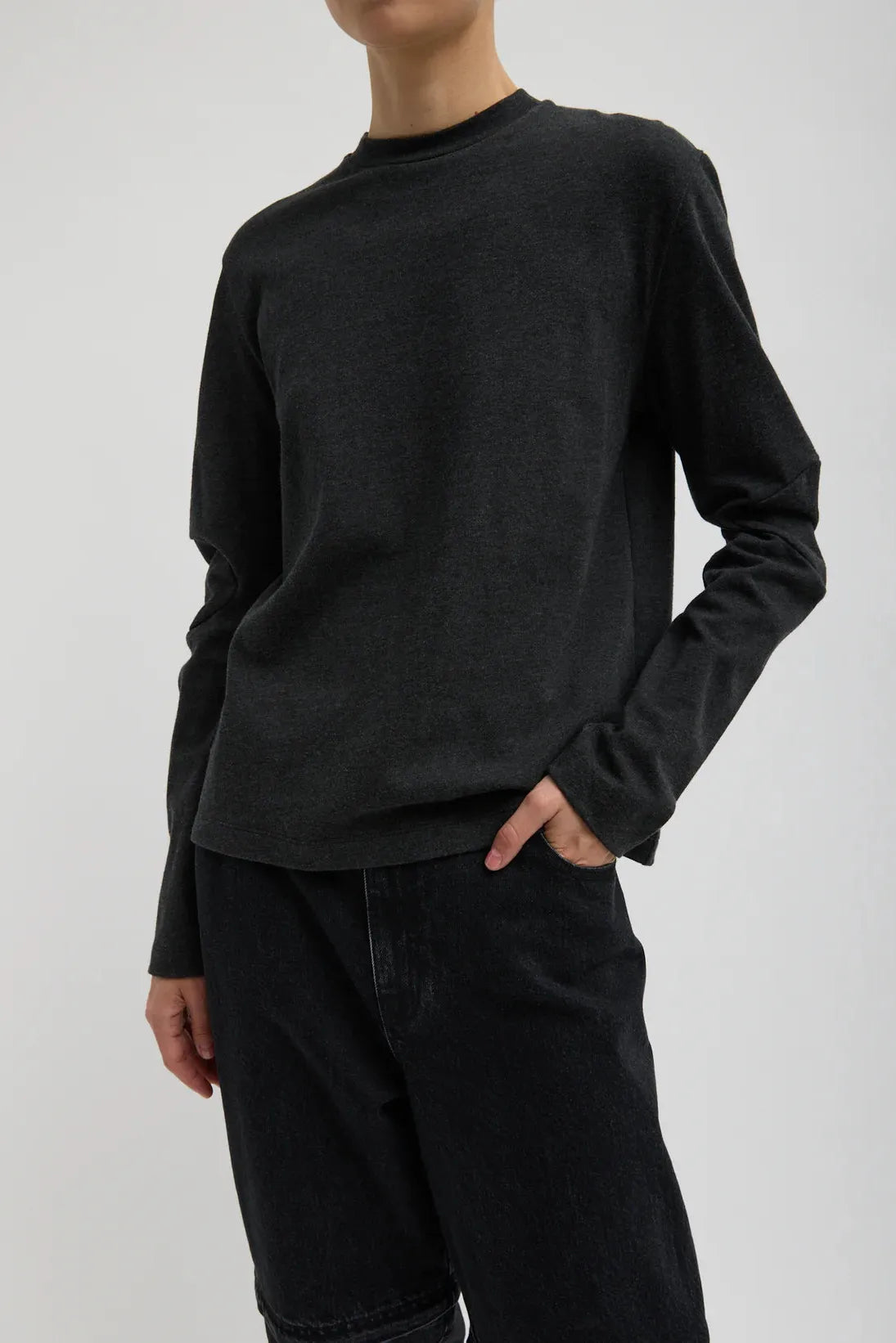 Perfect T Shirt with Gusset Elbow Sleeve in Charcoal by Tibi-Tops-Tibi-Idlewild