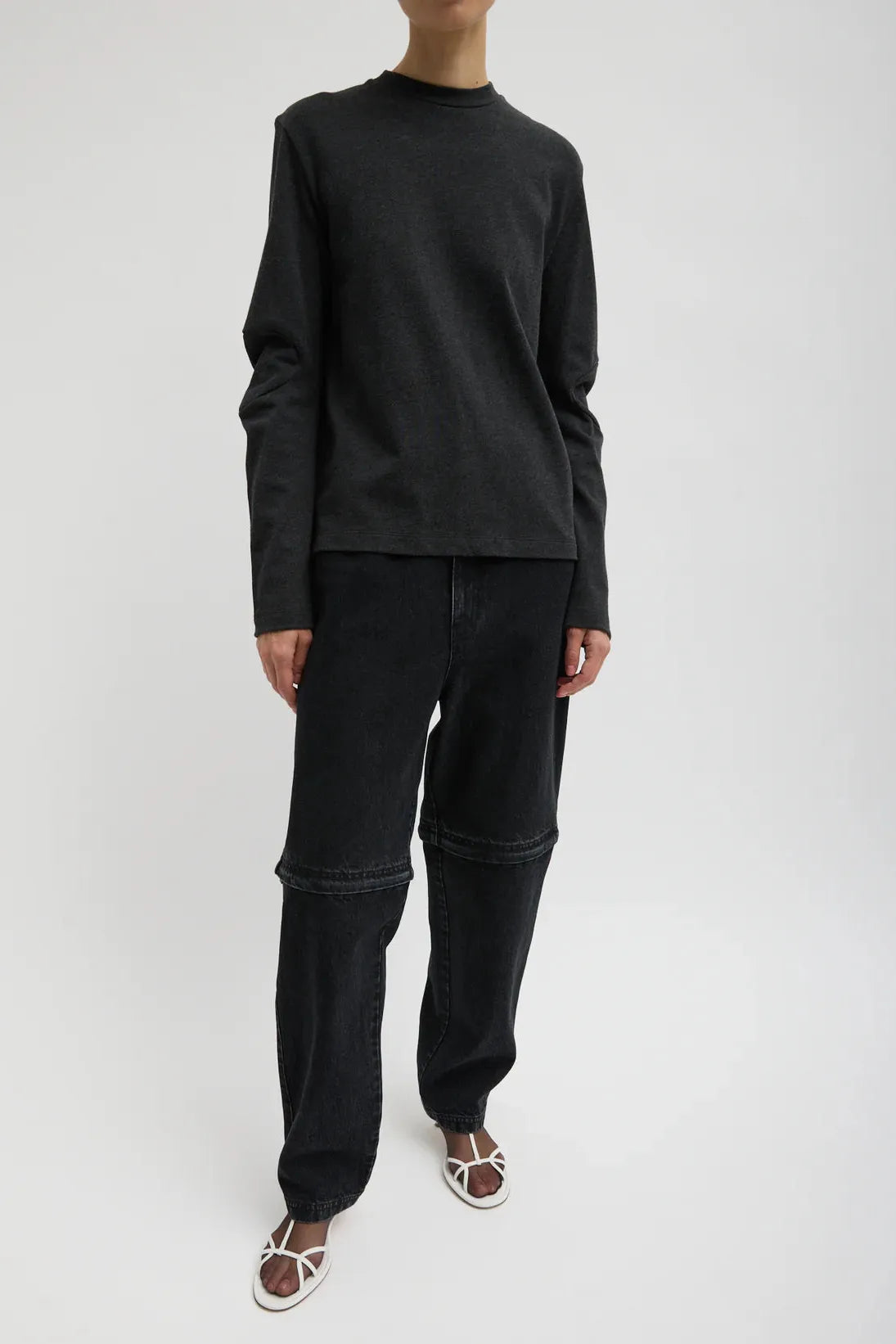 Perfect T Shirt with Gusset Elbow Sleeve in Charcoal by Tibi-Tops-Tibi-Idlewild