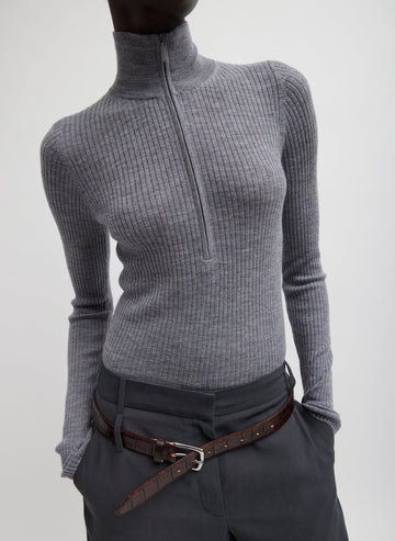 Ribbed Turtleneck Zip Up Sweater in Grey by Tibi