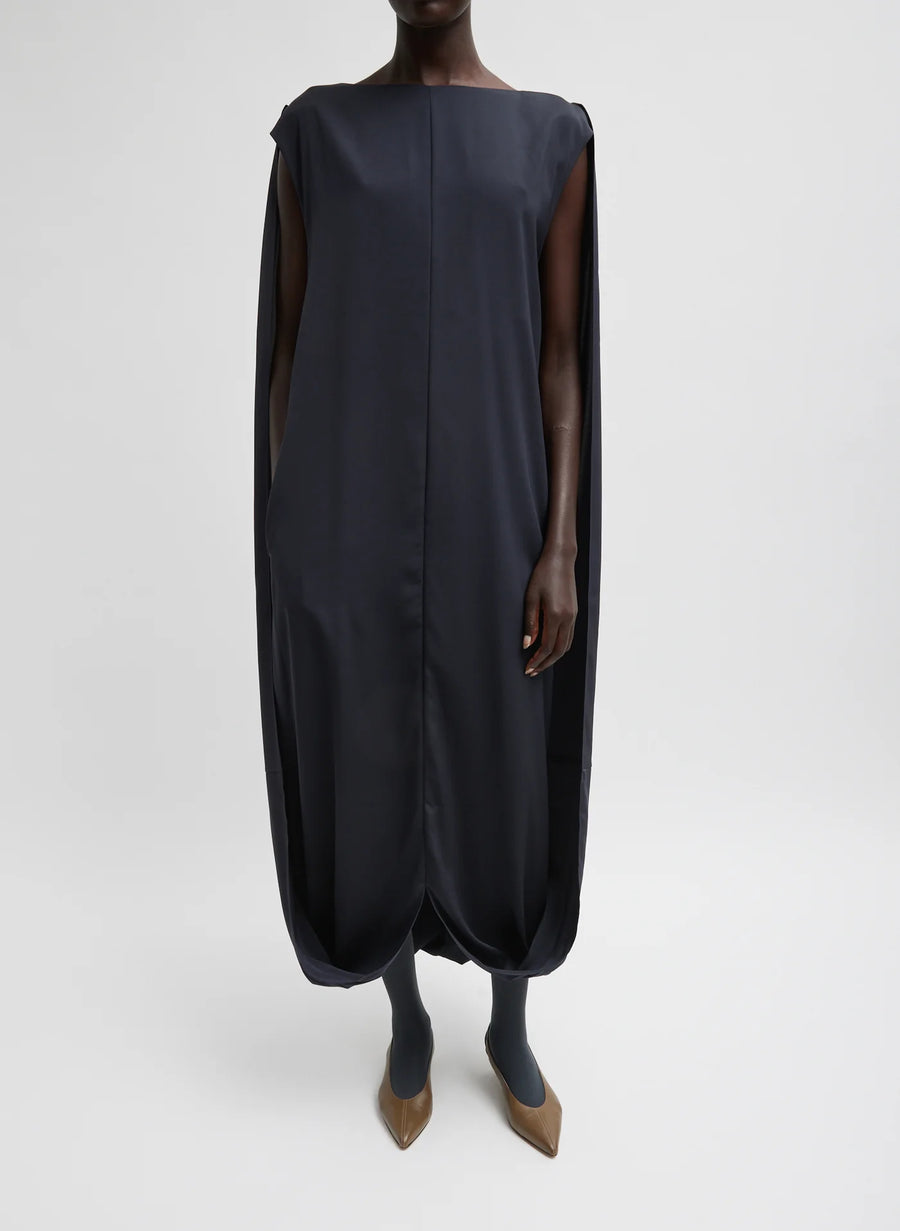 Stretch Silk Nylon Wide Neck Cape Dress in Dark Navy by Tibi