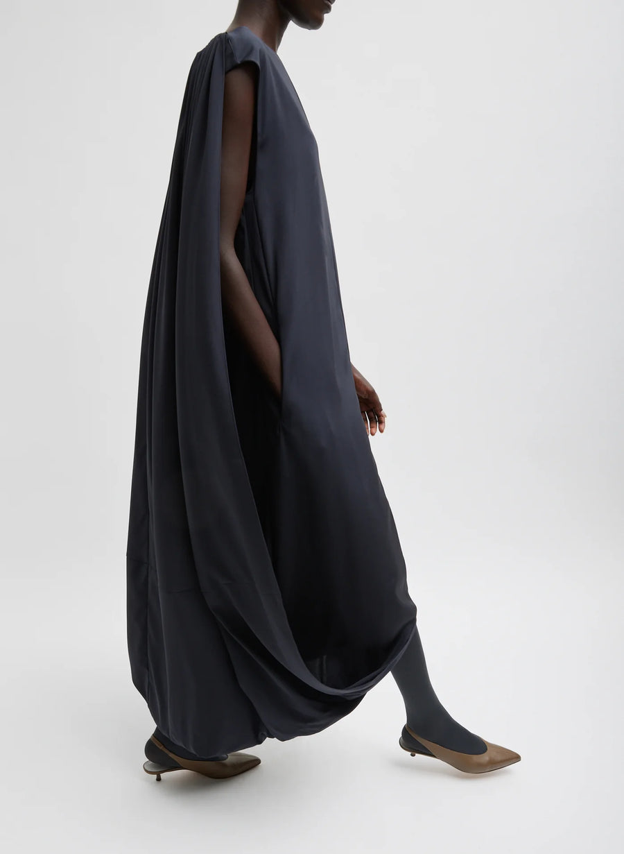 Stretch Silk Nylon Wide Neck Cape Dress in Dark Navy by Tibi