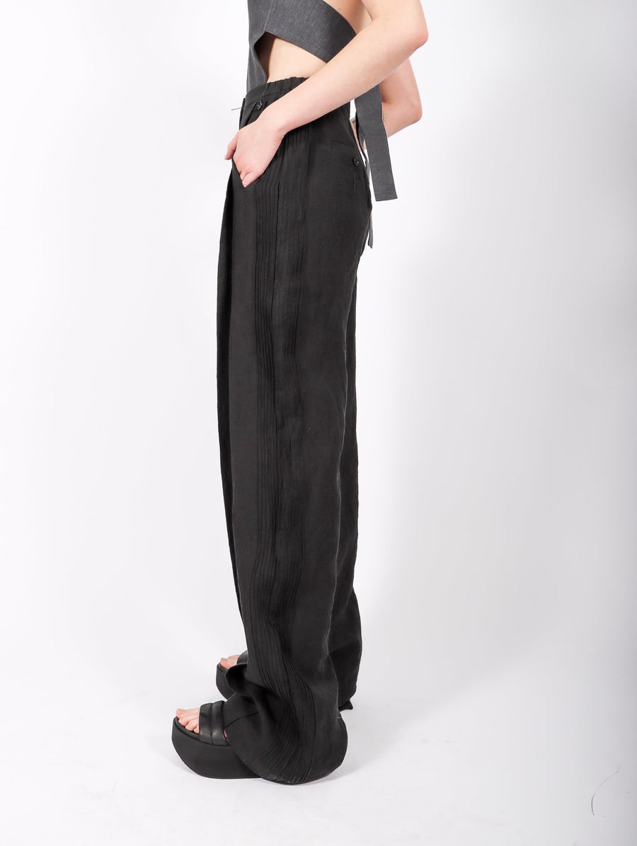 Side Pleated Linen Wide Leg Trousers in Black by Nguyễn Hoàng Tú-Nguyen Hoang Tu-Idlewild