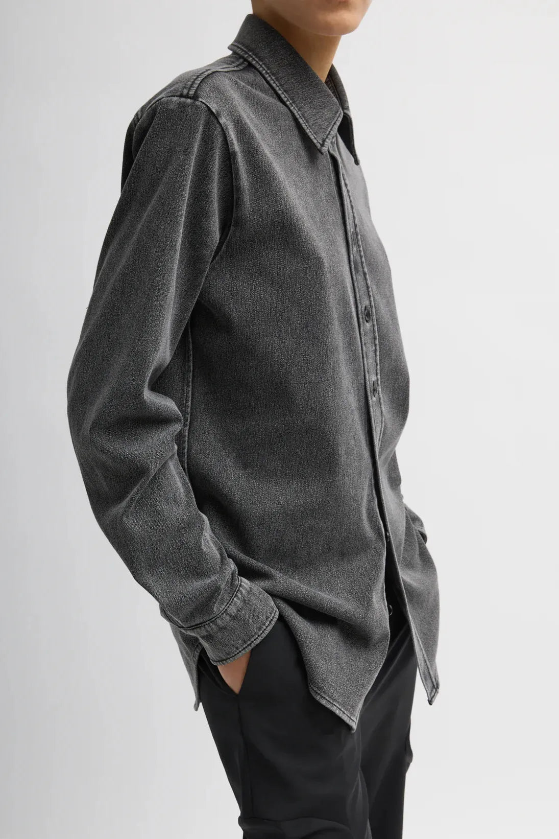 Stretch Denim Easy Shirt in Black by Tibi-Tops-Tibi-Idlewild