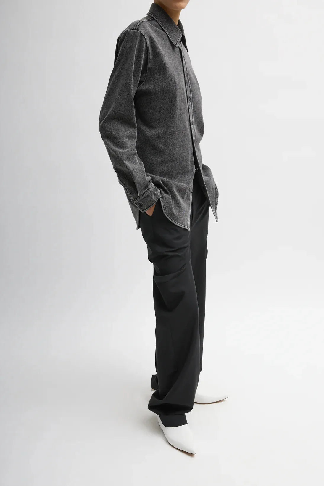 Stretch Denim Easy Shirt in Black by Tibi-Tops-Tibi-Idlewild