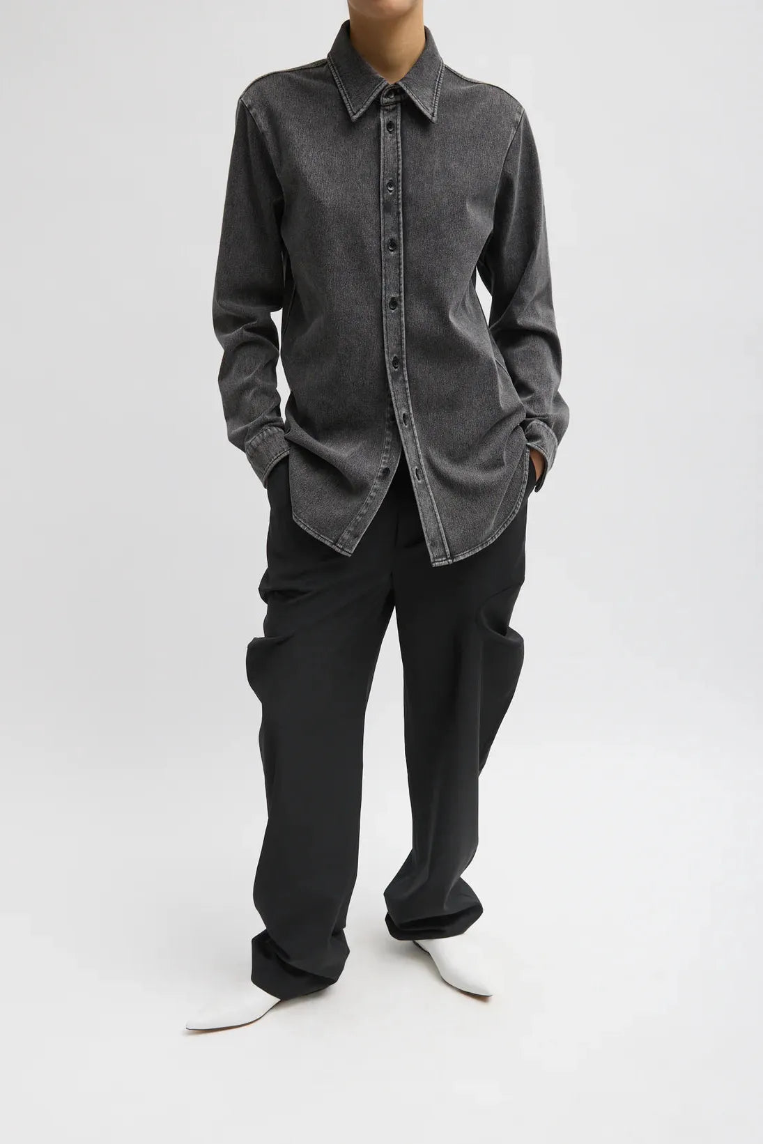 Stretch Denim Easy Shirt in Black by Tibi-Tops-Tibi-Idlewild