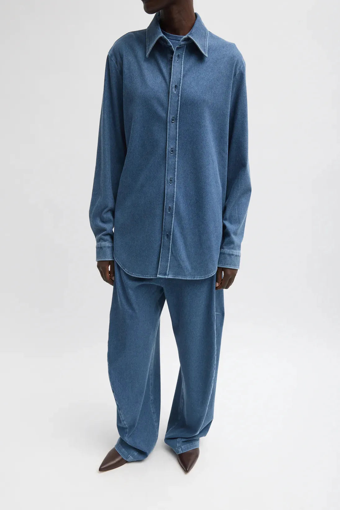 Stretch Denim Easy Shirt in Classic Wash by Tibi-Tops-Tibi-Idlewild