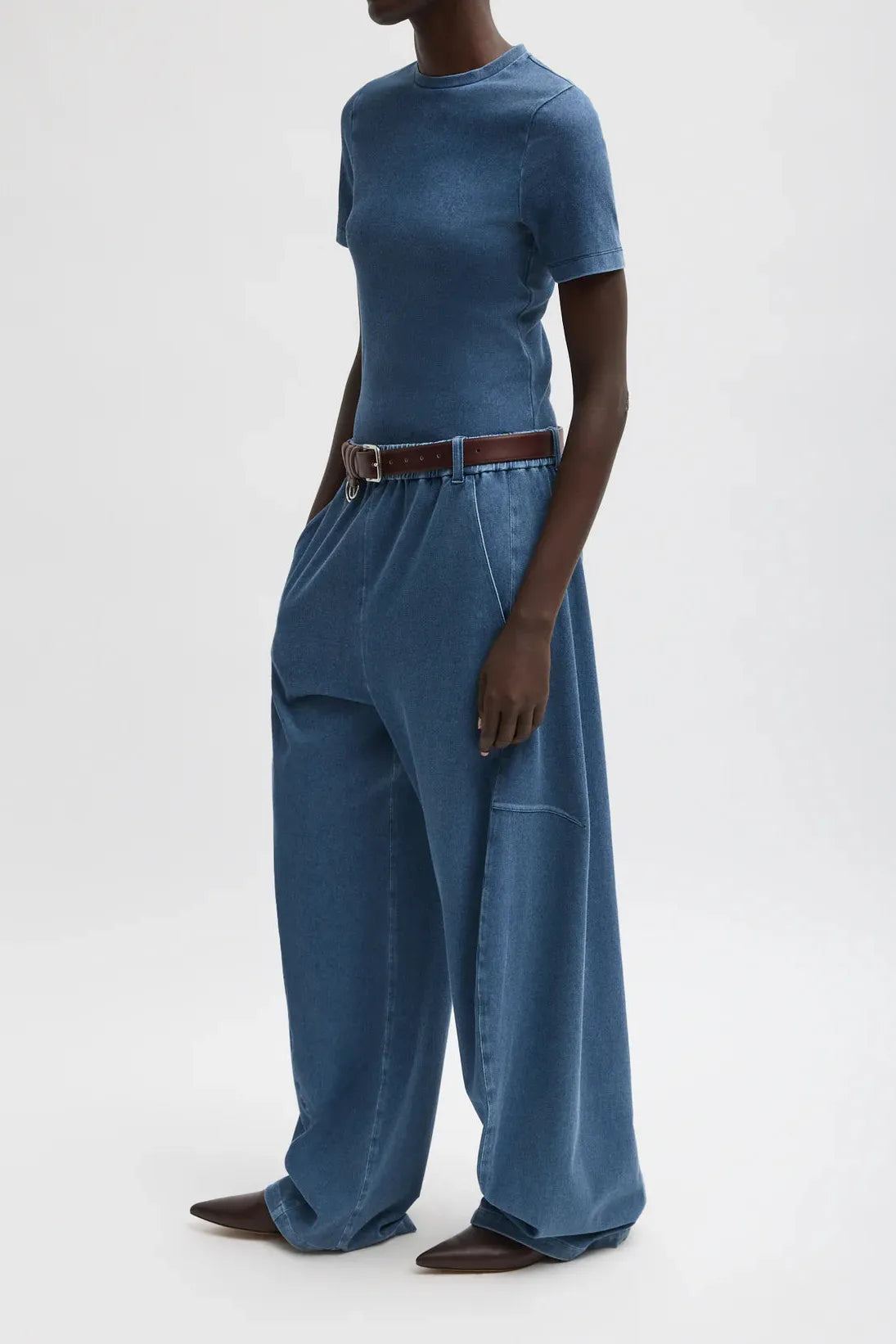 Stretch Denim Knit Winslow Pant in Classic Wash by Tibi-Bottoms-Tibi-Idlewild