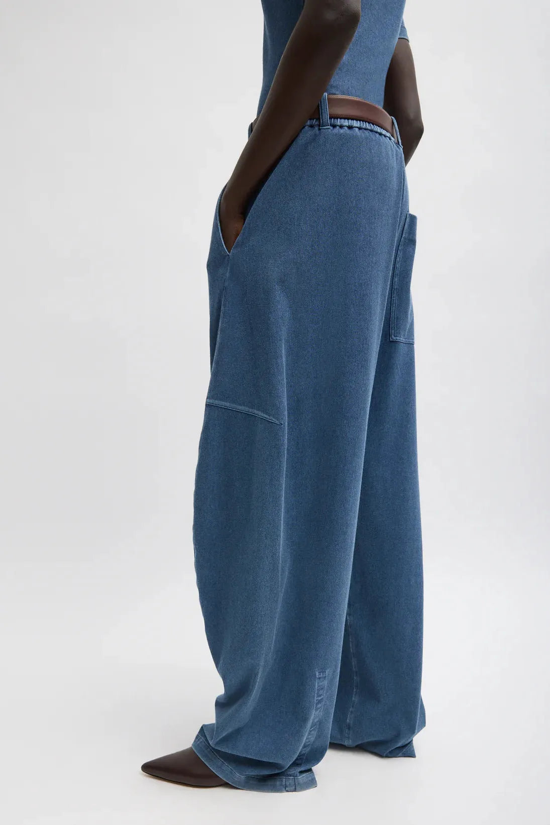 Stretch Denim Knit Winslow Pant in Classic Wash by Tibi-Bottoms-Tibi-Idlewild