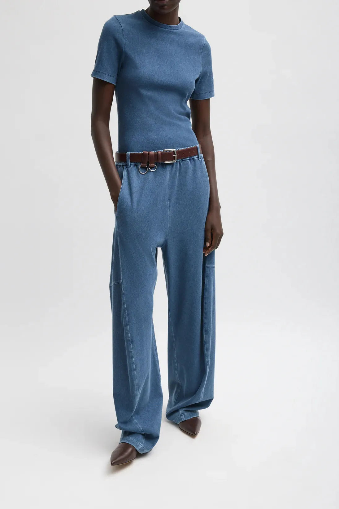 Stretch Denim Knit Winslow Pant in Classic Wash by Tibi-Bottoms-Tibi-Idlewild