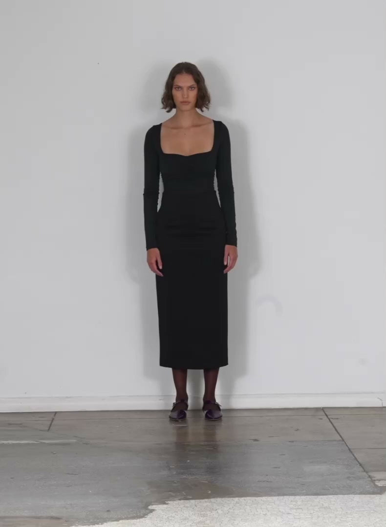 Stretch Shirred Long Sleeve Bodysuit in Black by Tibi